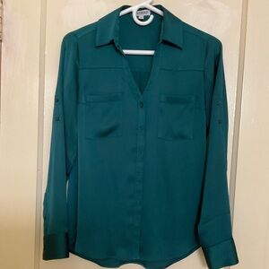 Express Green Long Sleeve Fitted Button Down Shirt